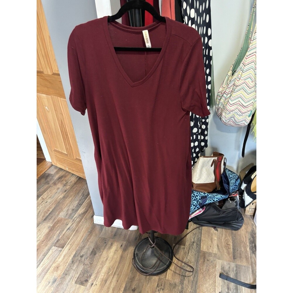 Zenana Premium Women’s Burgundy Size XL Dress Knee Length Short Sleeve V Neck